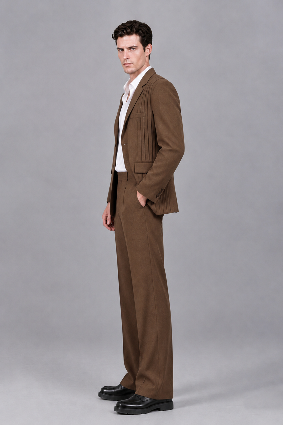 Savile Men's Brown Pleated 2-Piece Suit Set | Notch Lapel Blazer & Tailored Trousers - Brown - Brown_4