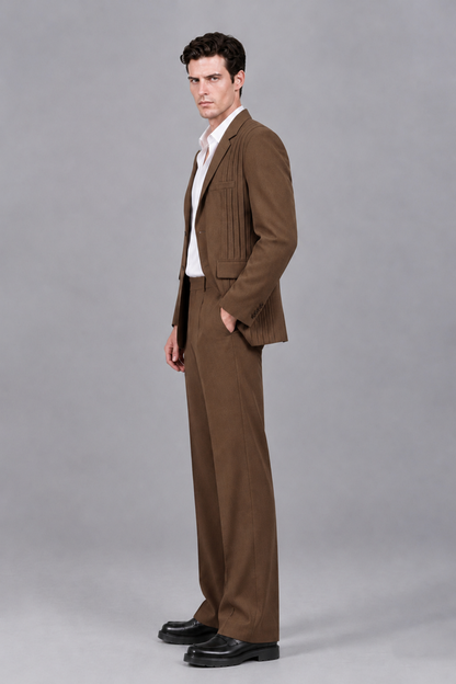 Savile Men's Brown Pleated 2-Piece Suit Set | Notch Lapel Blazer & Tailored Trousers - Brown - Brown_4