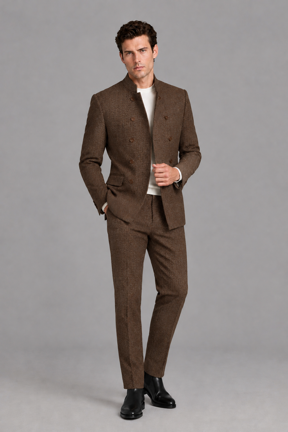 Savile Men's Brown Stand Collar Double Breasted Slim Fit 2-Piece Suit Set – Jacket & Trousers | Wedding Gala Formal - Brown