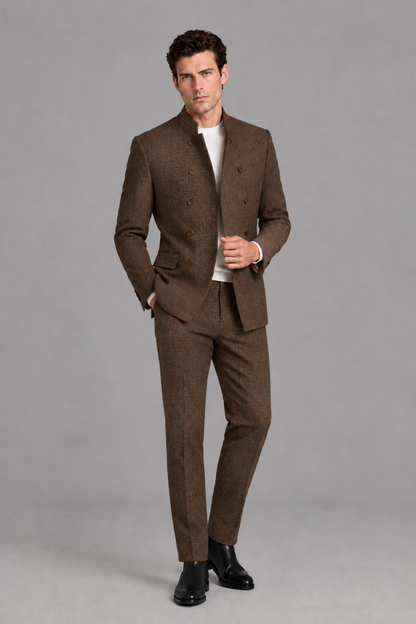 Savile Men's Brown Stand Collar Double Breasted Slim Fit 2-Piece Suit Set – Jacket & Trousers | Wedding Gala Formal - Brown