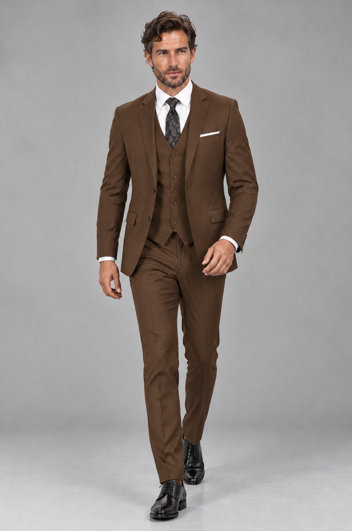 Savile Men's Brown 3-Piece Suit Set – Notch Lapel Blazer, Vest & Trousers - Brown - Brown_4