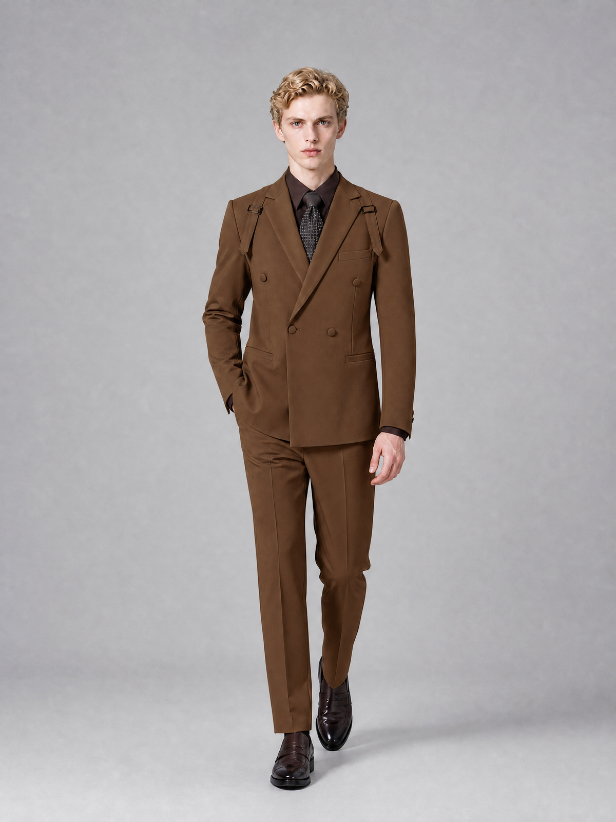 Men's Light Brown Double-Breasted Slim Fit 2-Piece Suit – Peak Lapel Wedding & Business Formal Set - Brown - Brown_4