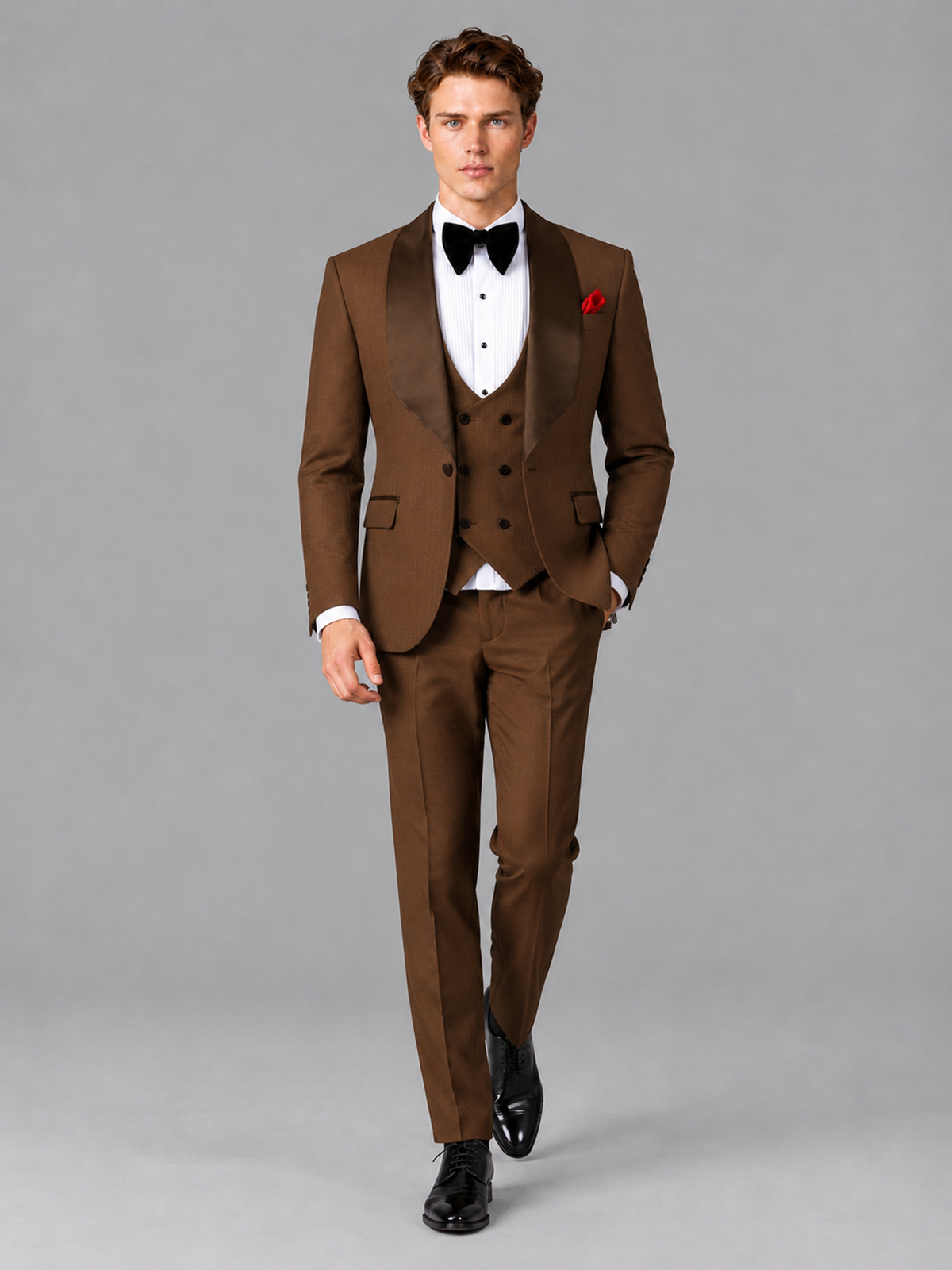 Savile Men's Brown Houndstooth Shawl Lapel 3-Piece Tuxedo Suit Set – Jacket, Vest & Trousers - Brown
