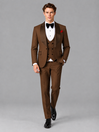 Savile Men's Brown Houndstooth Shawl Lapel 3-Piece Tuxedo Suit Set – Jacket, Vest & Trousers - Brown