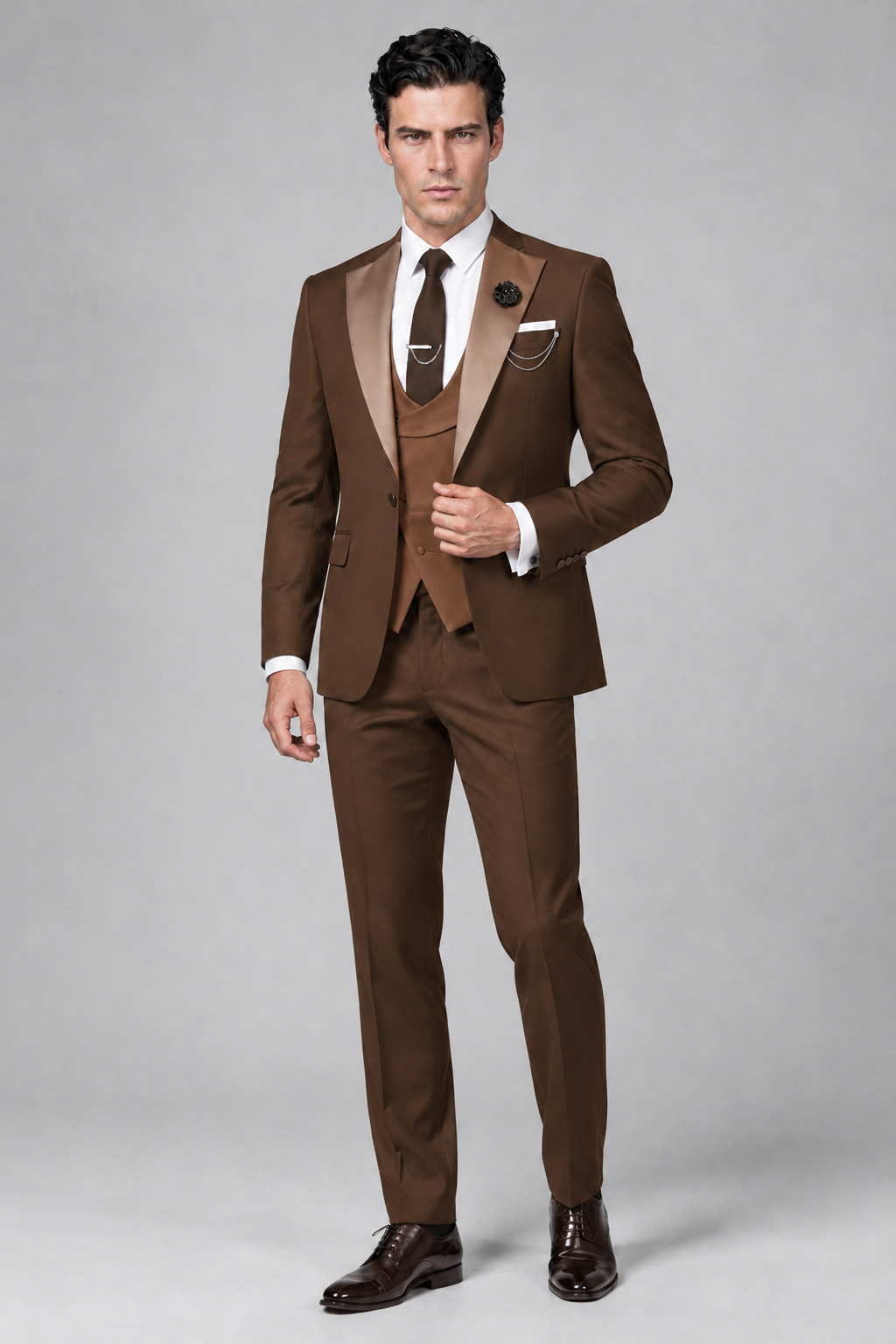 Savile Men's Brown 3-Piece Tuxedo Suit – Contrast Silver Peak Lapel & Grey Vest Formal Set - Brown - Brown_4