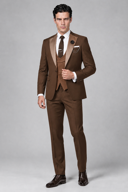 Savile Men's Brown 3-Piece Tuxedo Suit – Contrast Silver Peak Lapel & Grey Vest Formal Set - Brown - Brown_4