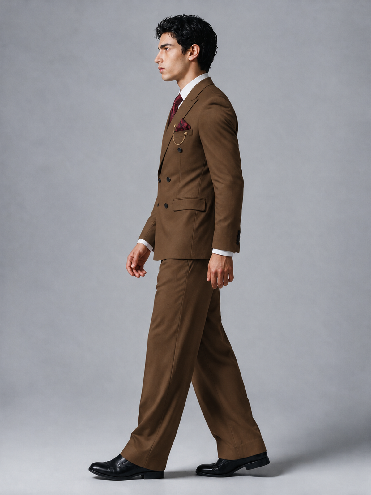Savile Men's Brown Double-Breasted 2-Piece Suit Set – Peak Lapel Blazer & Pleated Wide-Leg Trousers - Brown - Brown_4