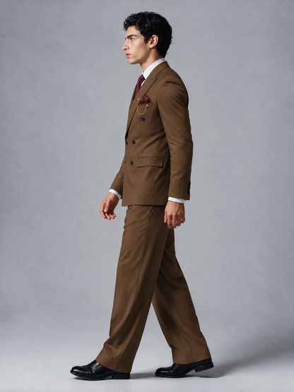 Savile Men's Brown Double-Breasted 2-Piece Suit Set – Peak Lapel Blazer & Pleated Wide-Leg Trousers - Brown - Brown_4