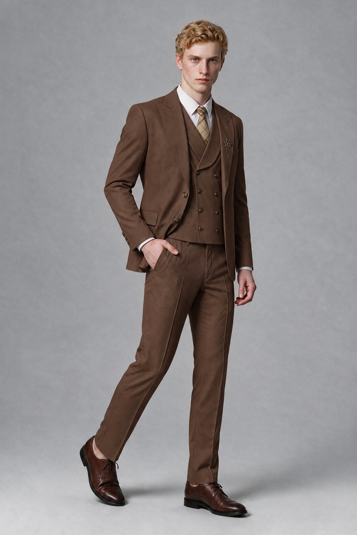 Savile Men's Brown Three-Piece Wedding Suit with Double-Breasted Waistcoat - Brown