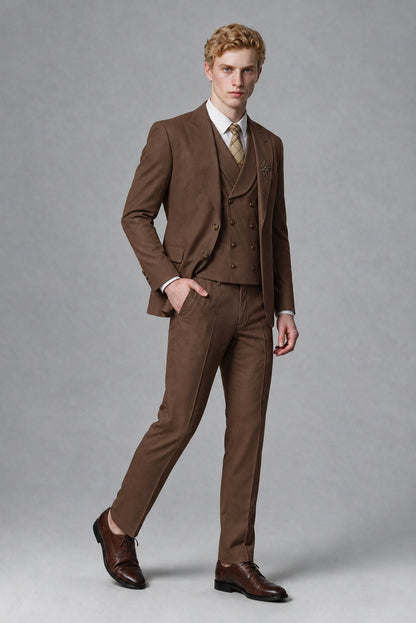 Savile Men's Brown Three-Piece Wedding Suit with Double-Breasted Waistcoat - Brown