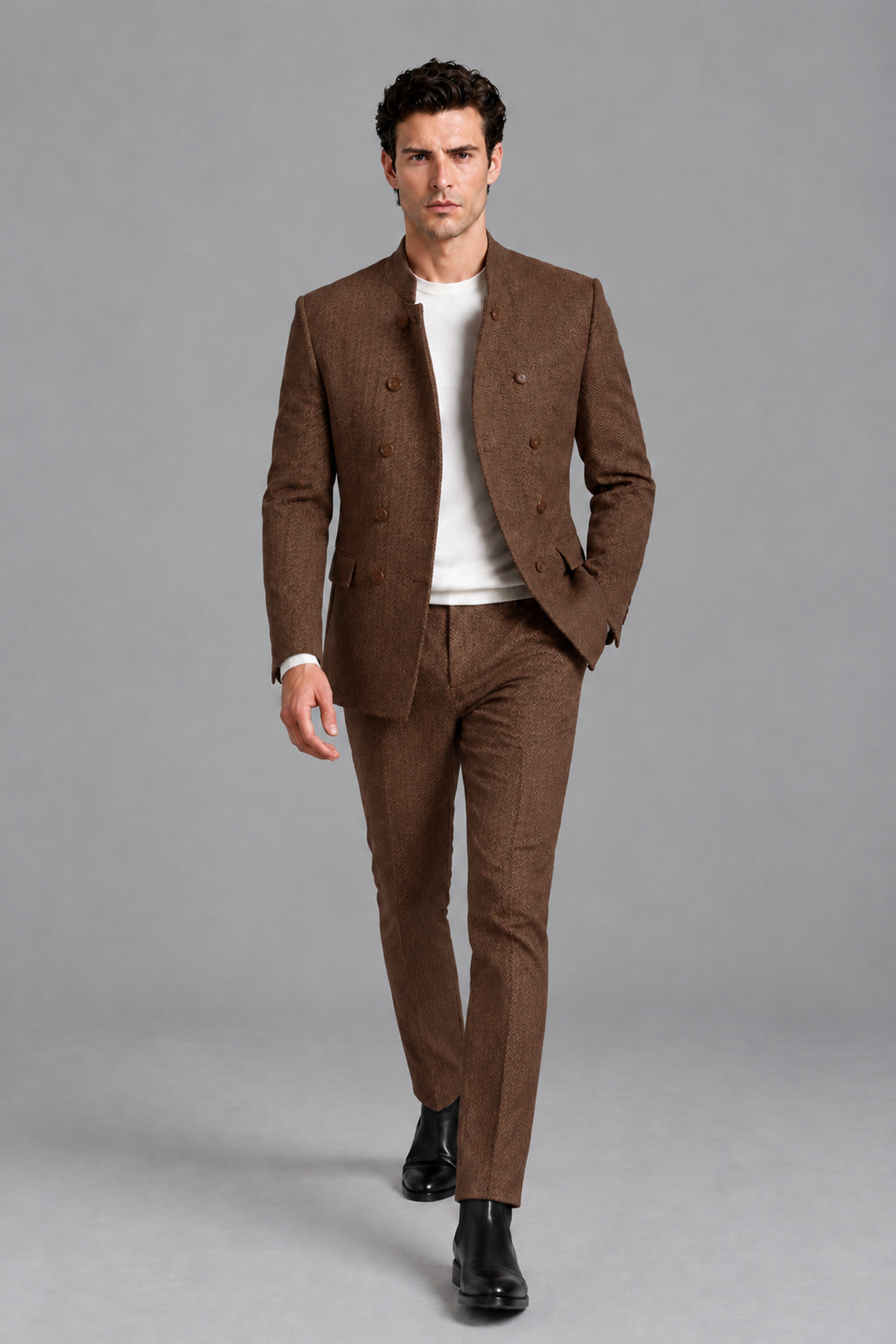 Savile Men's Brown Stand Collar Double Breasted Slim Fit 2-Piece Suit Set – Jacket & Trousers | Wedding Gala Formal - Brown