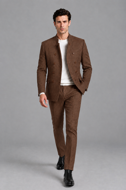Savile Men's Brown Stand Collar Double Breasted Slim Fit 2-Piece Suit Set – Jacket & Trousers | Wedding Gala Formal - Brown