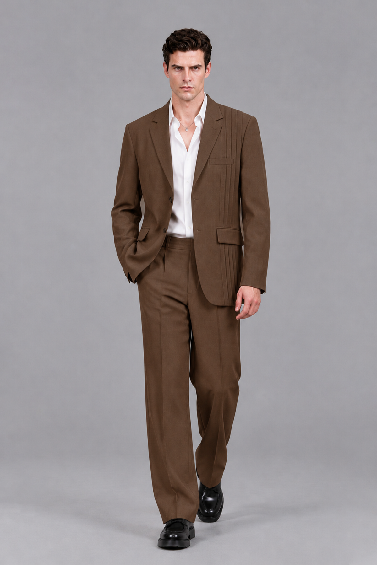 Savile Men's Brown Pleated 2-Piece Suit Set | Notch Lapel Blazer & Tailored Trousers - Brown - Brown_5