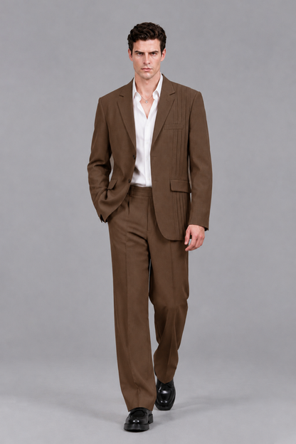 Savile Men's Brown Pleated 2-Piece Suit Set | Notch Lapel Blazer & Tailored Trousers - Brown - Brown_5