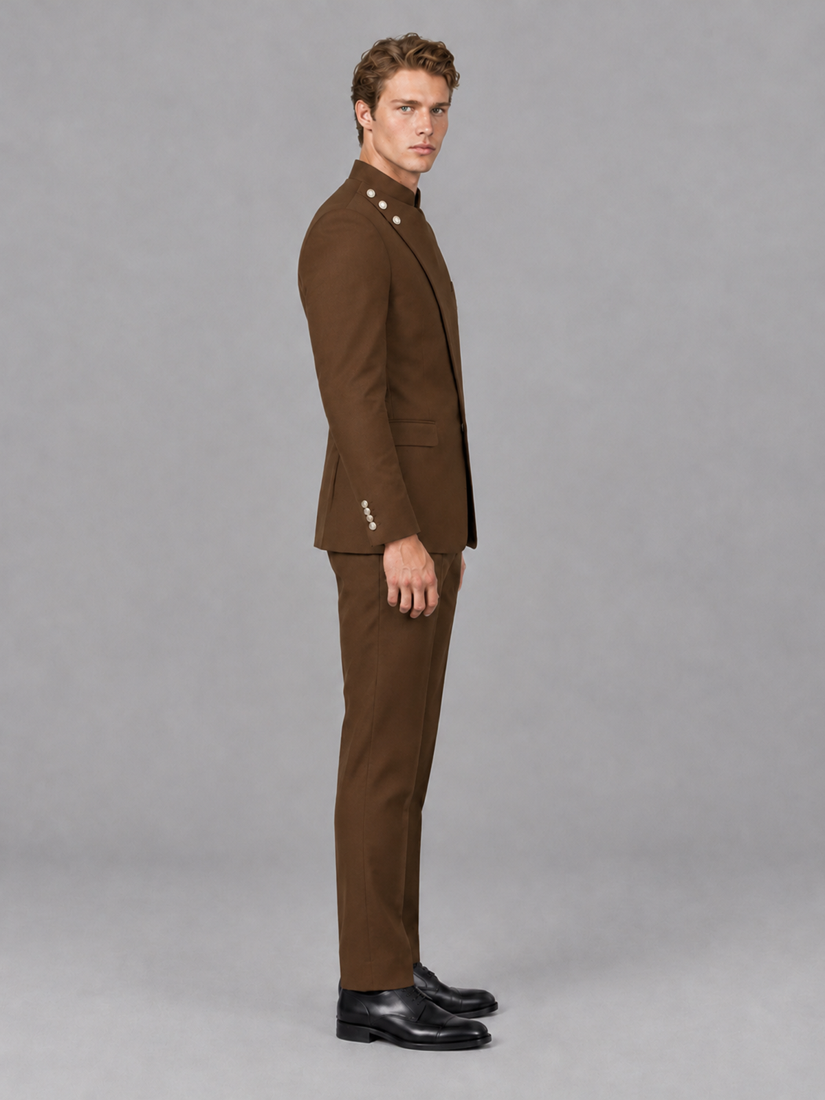 Savile Men's Brown Mandarin Collar Asymmetrical 2-Piece Suit Set – Modern Jacket & Trousers - Brown - Brown_5