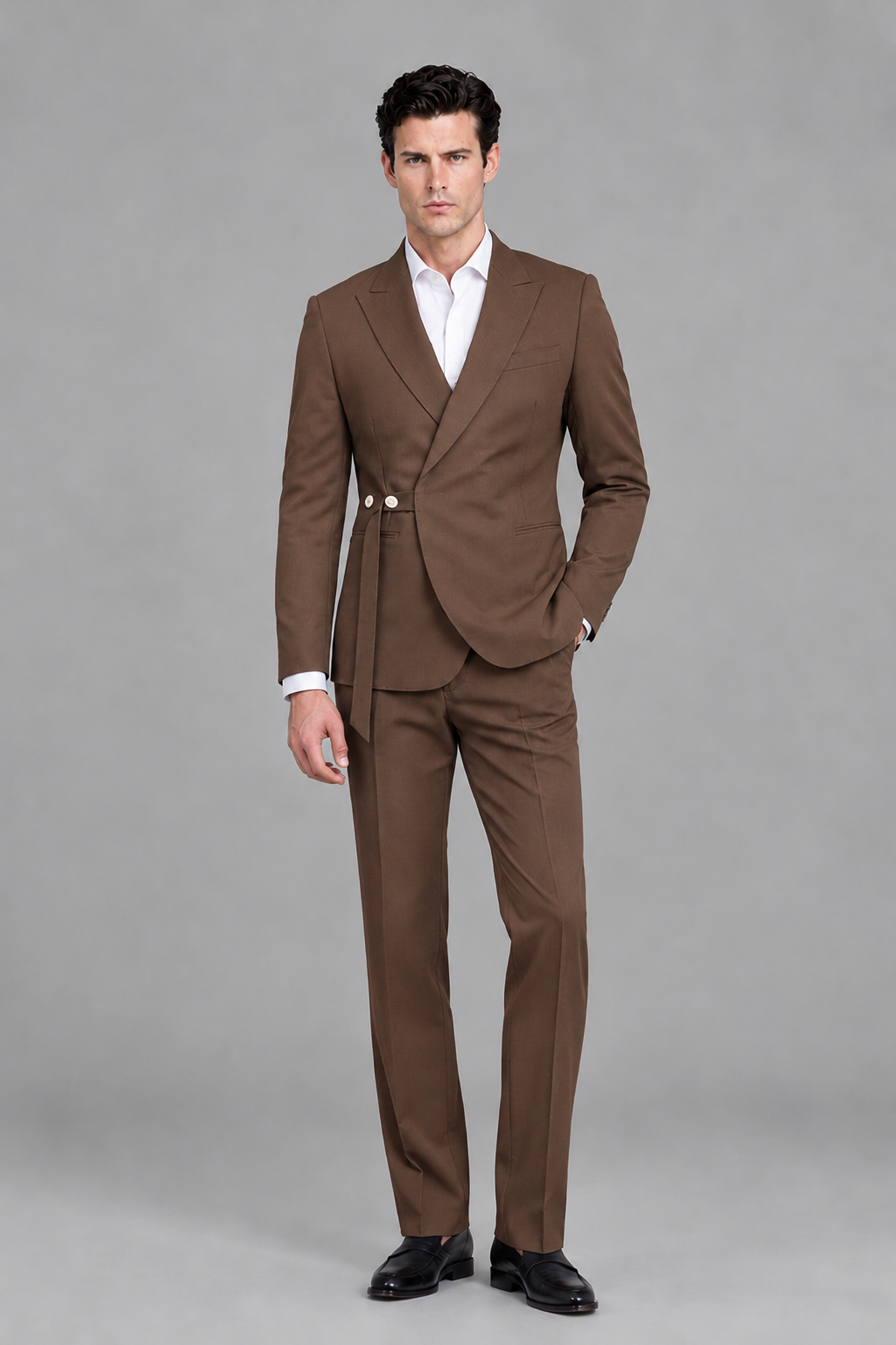 Savile Men's Modern Brown 2-Piece Wrap Suit Set – Peak Lapel Side-Button Blazer & Tailored Trousers - Brown - Brown_5