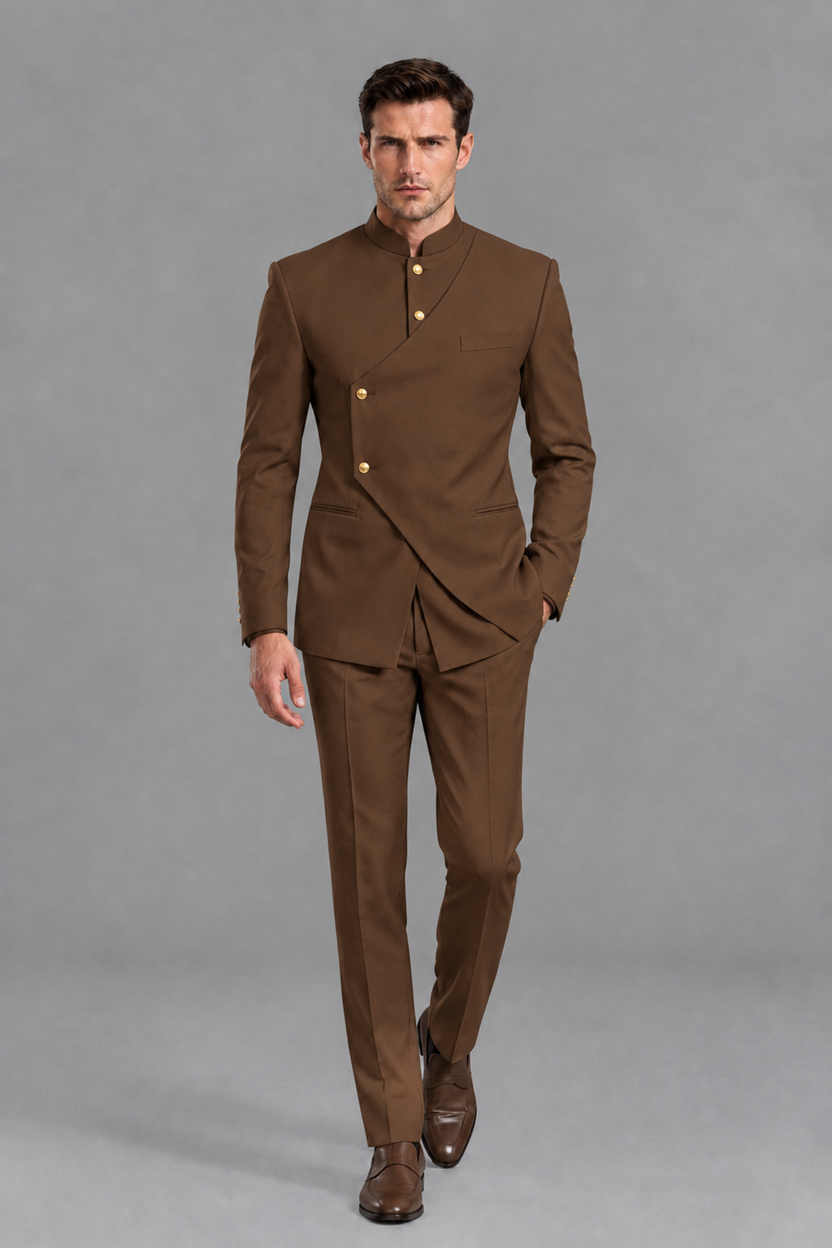 Savile Men's Brown Asymmetrical Mandarin Collar Tuxedo Suit – Modern 2-Piece Gold Button Wedding, Prom & Gala Set - Brown - Brown_5