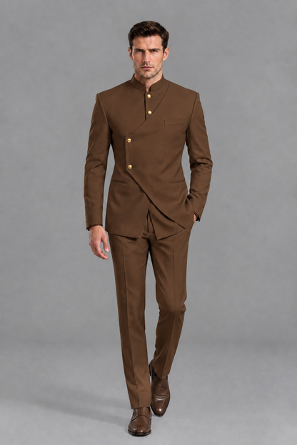 Savile Men's Brown Asymmetrical Mandarin Collar Tuxedo Suit – Modern 2-Piece Gold Button Wedding, Prom & Gala Set - Brown - Brown_5