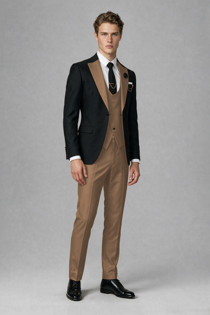 Savile Men's Black & Brown Three-Piece Wedding Suit - Brown