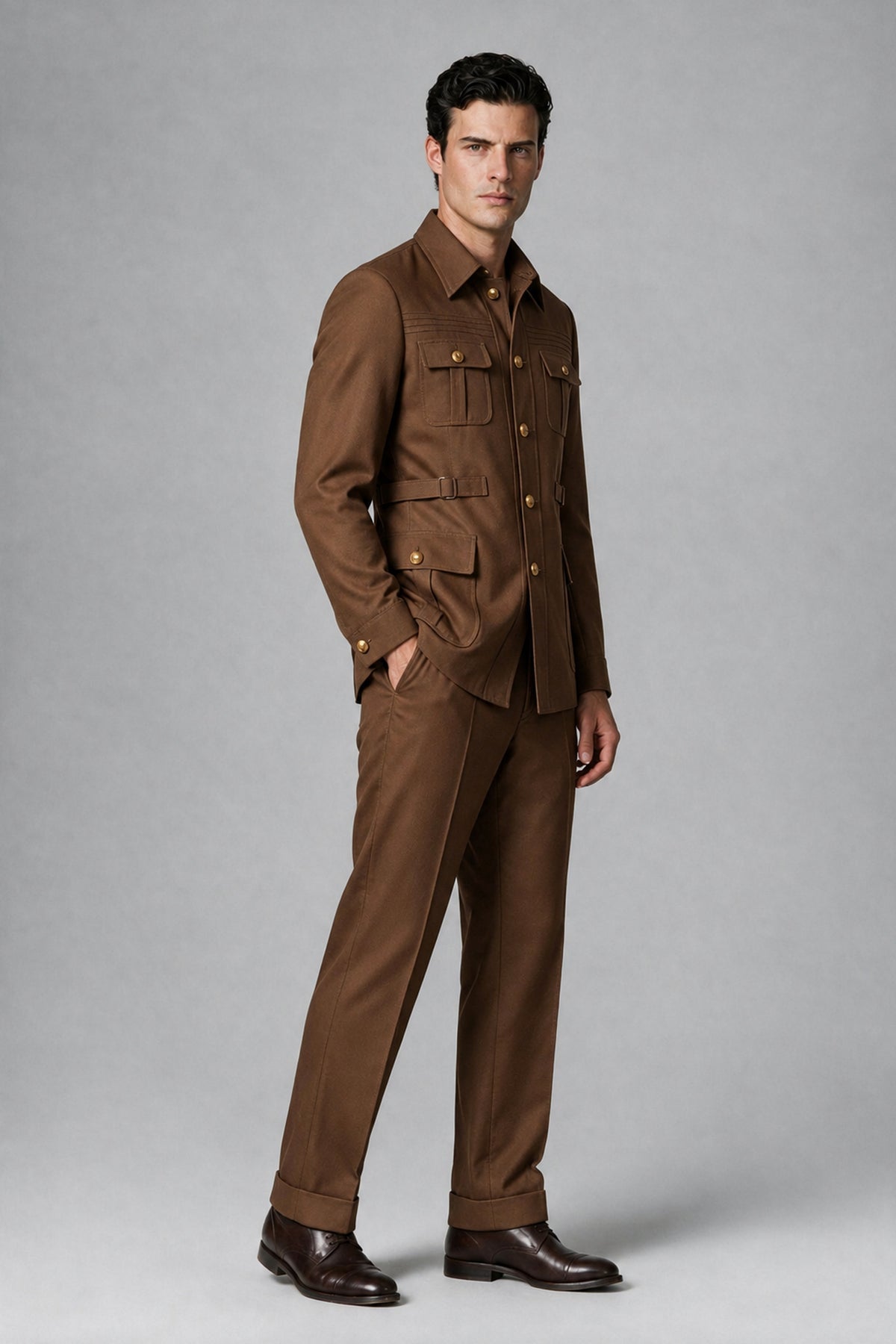 Savile Brown Safari Jacket & Trousers Two-Piece Men's Suit - Brown