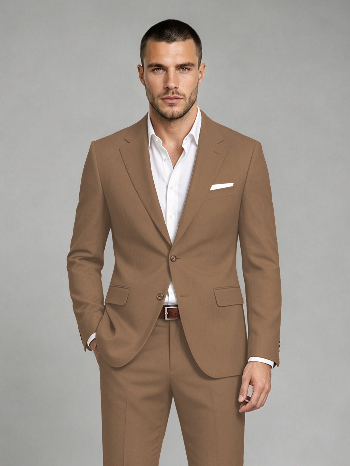 Savile Men's Dark Brown Wool-Blend 2-Piece Suit Set – Two-Button Notch Lapel Slim-Fit Blazer & Turn-Up Trousers - Brown - Brown