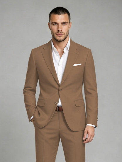 Savile Men's Dark Brown Wool-Blend 2-Piece Suit Set – Two-Button Notch Lapel Slim-Fit Blazer & Turn-Up Trousers - Brown - Brown