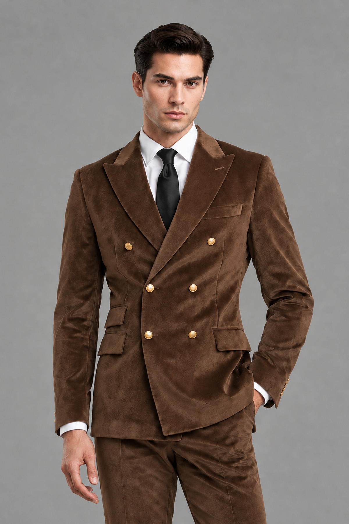 Savile Men's Brown Velvet Double-Breasted 2-Piece Suit Set | Peak Lapel Blazer & Trousers - Brown