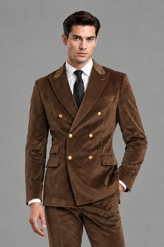 Savile Men's Brown Velvet Double-Breasted 2-Piece Suit Set | Peak Lapel Blazer & Trousers - Brown