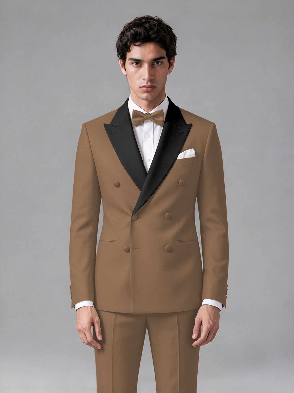 Men's Brown Double-Breasted Satin Peak Lapel Tuxedo Suit Set (Jacket + Trousers) - Brown