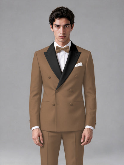 Men's Brown Double-Breasted Satin Peak Lapel Tuxedo Suit Set (Jacket + Trousers) - Brown
