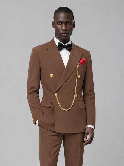 Men's Brown Double-Breasted 2-Piece Suit Set – Jacket & Trousers | Brown Chain - Brown