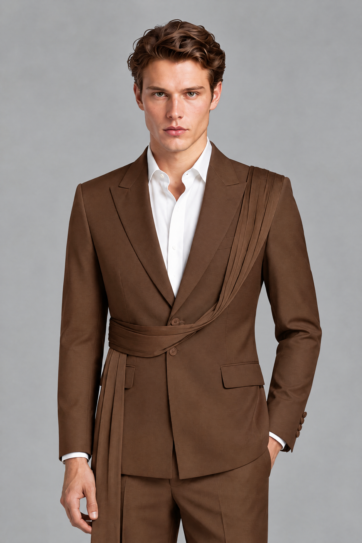 Men's Brown Draped Sash Suit – Peak Lapel 2-Piece Slim Fit Party, Gala & Wedding Set - Brown