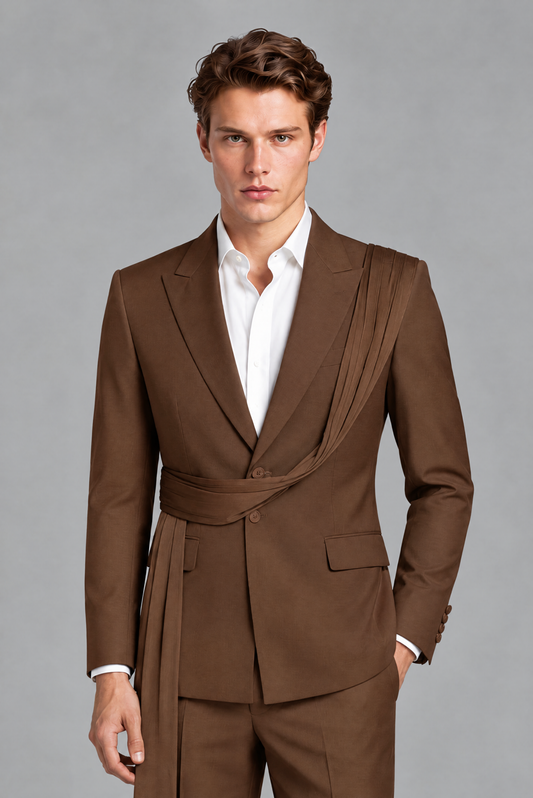 Men's Brown Draped Sash Suit – Peak Lapel 2-Piece Slim Fit Party, Gala & Wedding Set - Brown