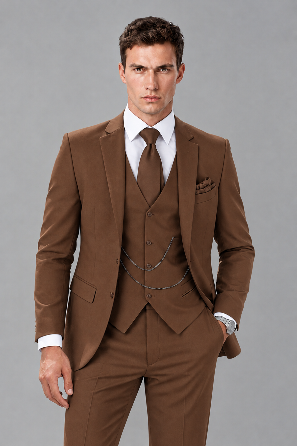 Savile Brown 3-Piece Suit with Notch Lapel & Chain Vest - Brown