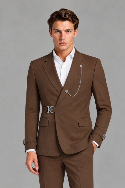 Savile Men's Brown Buckle-Closure 2-Piece Suit Set | Peak Lapel Blazer & Trousers - Brown