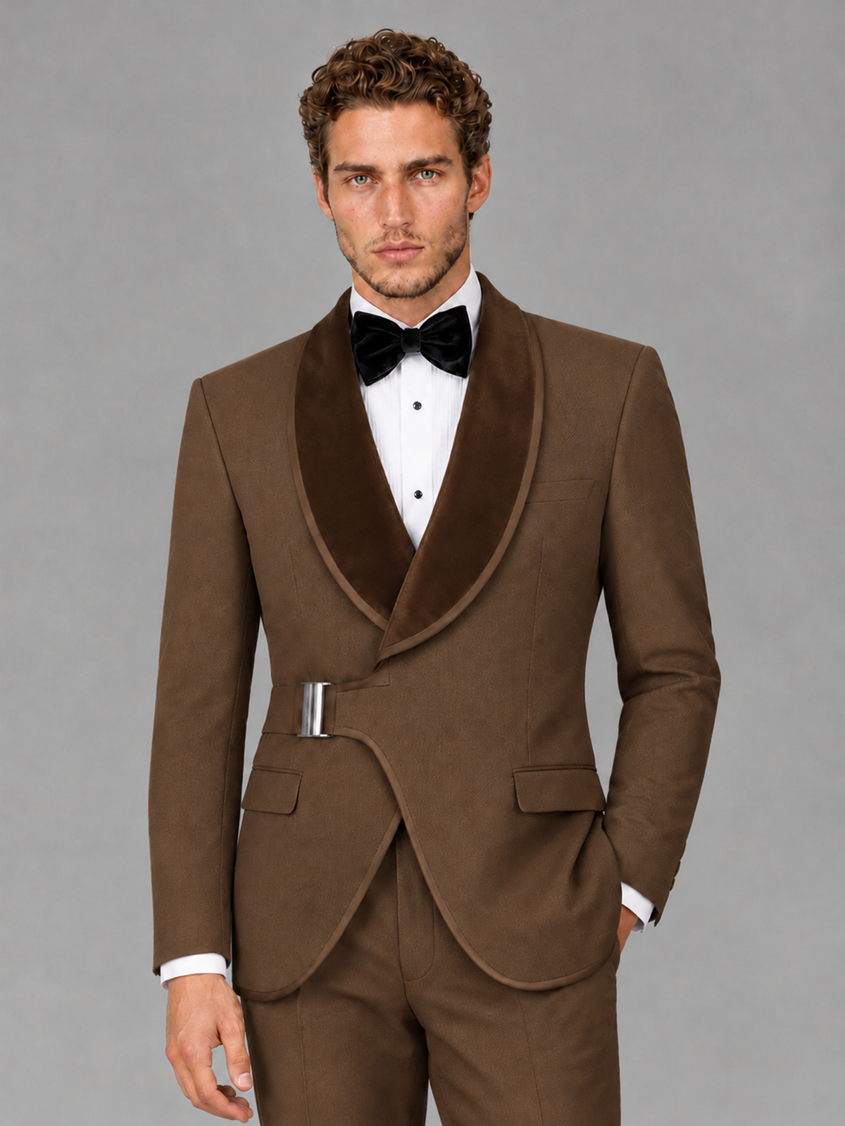 Savile Men's Brown Velvet Shawl Lapel Tuxedo Suit – Modern Side-Buckle Dinner Jacket & Trousers 2-Piece Set - Brown
