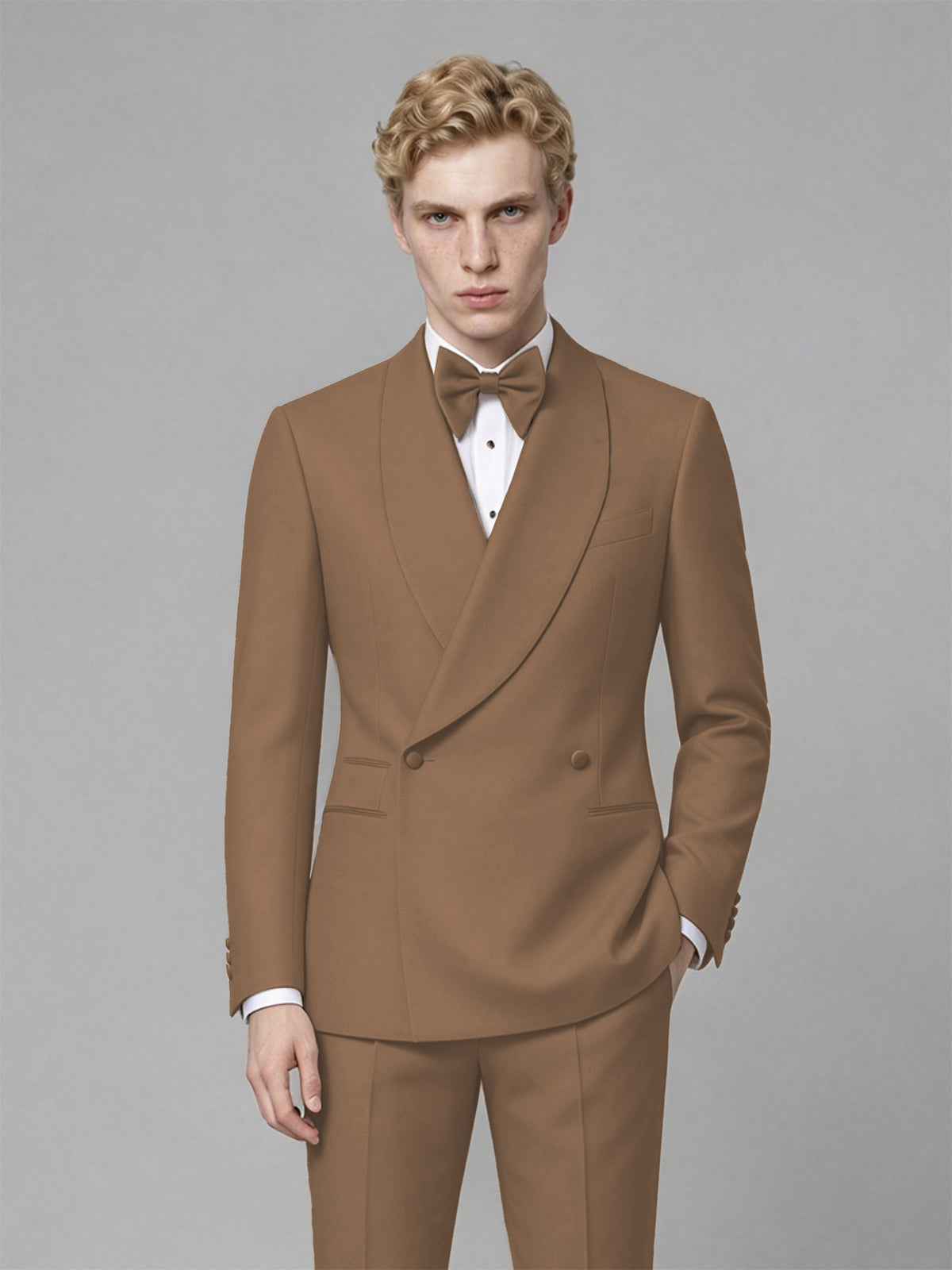 Men's Brown Single-Button Brown Satin Shawl Lapel Tuxedo Suit Set | Blazer & Trousers - Brown