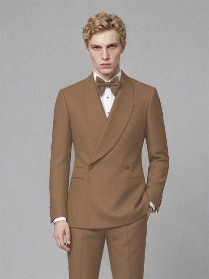 Men's Brown Single-Button Brown Satin Shawl Lapel Tuxedo Suit Set | Blazer & Trousers - Brown