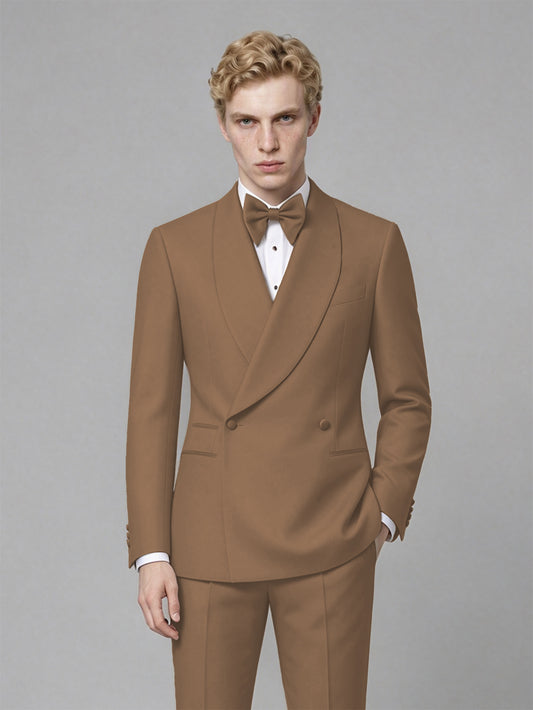 Men's Brown Single-Button Brown Satin Shawl Lapel Tuxedo Suit Set | Blazer & Trousers - Brown