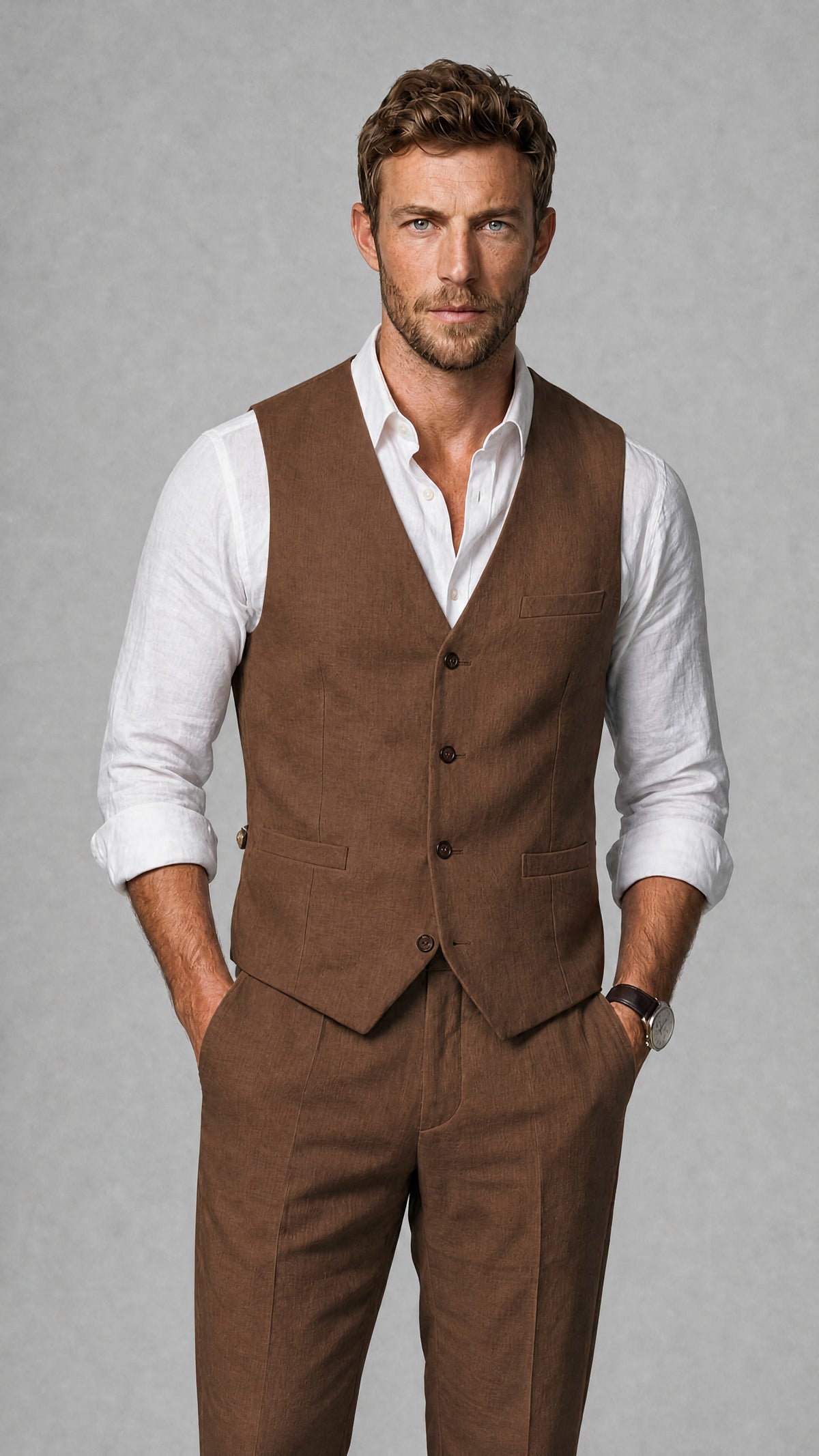 Men's Brown Linen Blend Single-Breasted V-Neck Suit Vest | Savile QX0101 - Brown