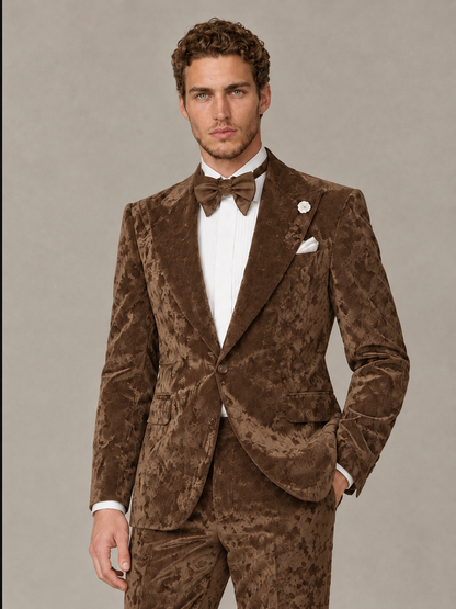 Savile Men's Brown Crushed Velvet Peak Lapel 2-Piece Suit Set | Jacket & Trousers - Brown - Brown (1)