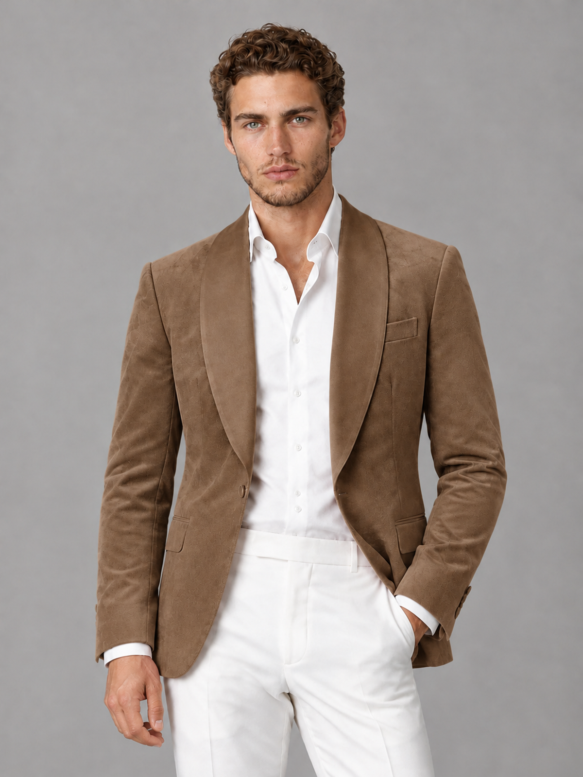 Savile Men's Brown Velvet Shawl Lapel 2-Piece Tuxedo Suit Set | Jacket & White Trousers - Brown - Brown (1)