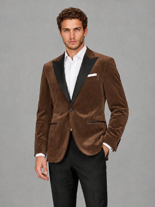 Savile Men's Brown Velvet Peak Lapel 2-Piece Tuxedo Suit Set | Jacket & Trousers - Brown