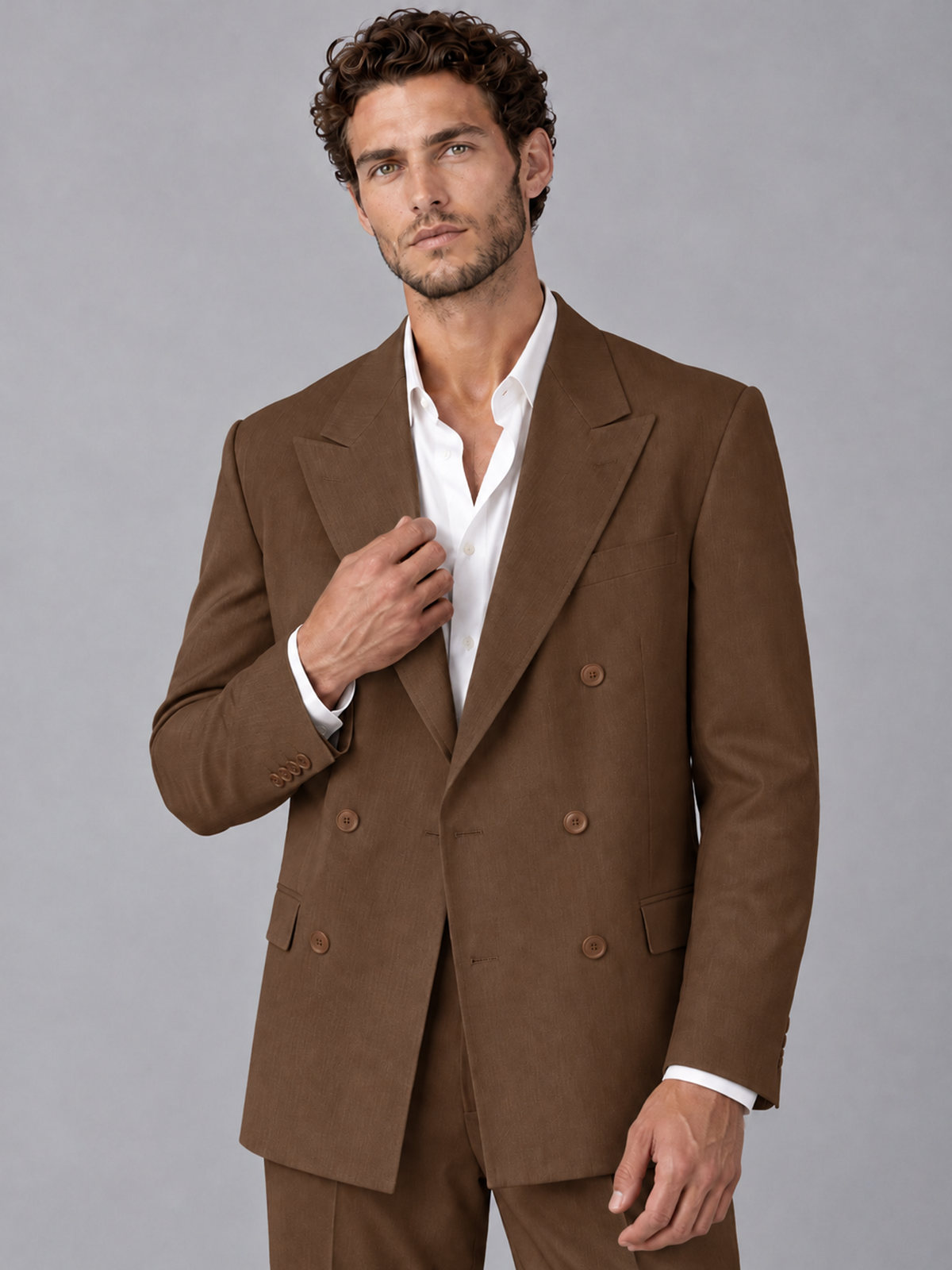 Savile Brown Beige Double-Breasted 2-Piece Suit with Peak Lapel - Brown