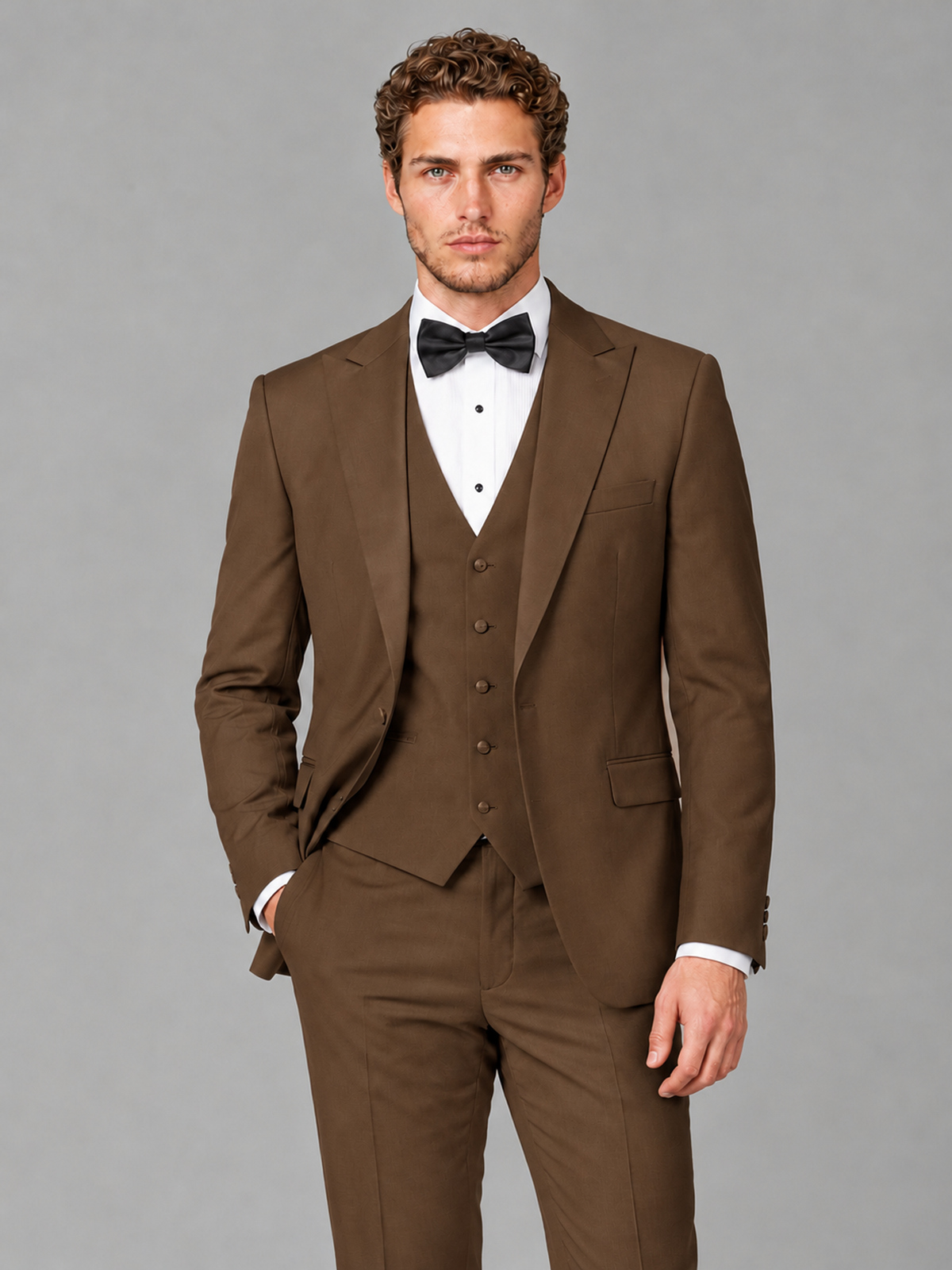 Savile Men's Brown Peak Lapel 3-Piece Tuxedo Suit | Jacket, Vest & Trousers - Brown