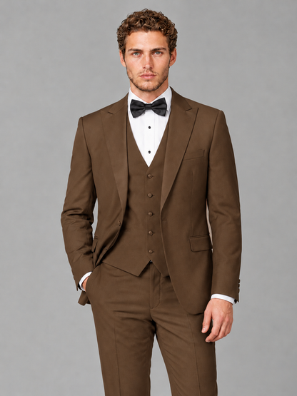 Savile Men's Brown Peak Lapel 3-Piece Tuxedo Suit | Jacket, Vest & Trousers - Brown