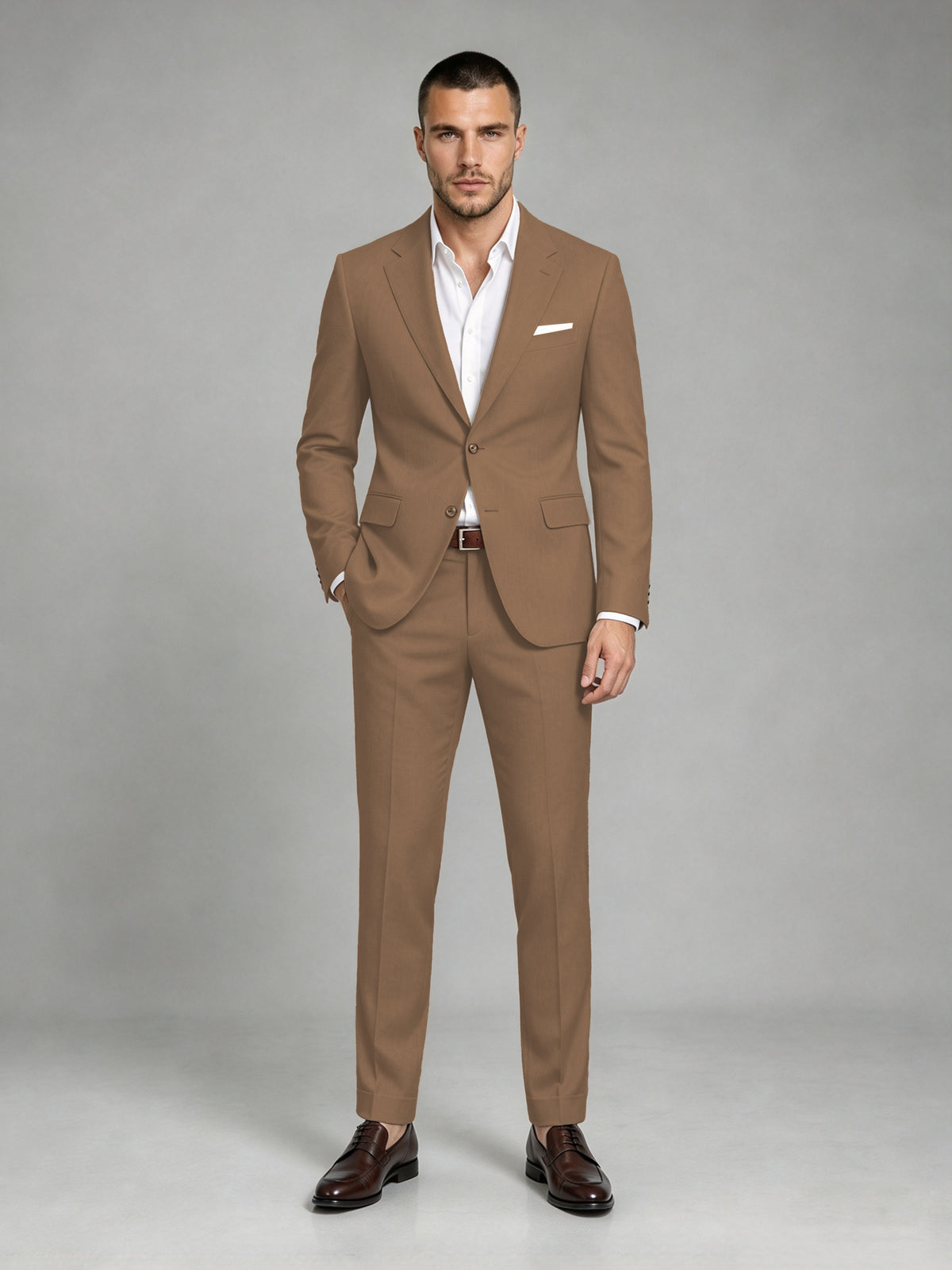 Savile Men's Dark Brown Wool-Blend 2-Piece Suit Set – Two-Button Notch Lapel Slim-Fit Blazer & Turn-Up Trousers - Brown - Brown