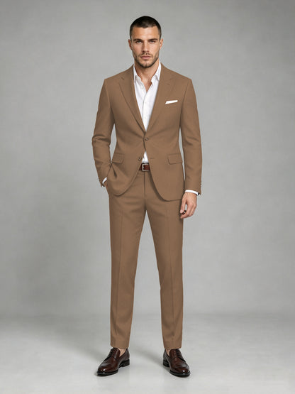 Savile Men's Dark Brown Wool-Blend 2-Piece Suit Set – Two-Button Notch Lapel Slim-Fit Blazer & Turn-Up Trousers - Brown - Brown