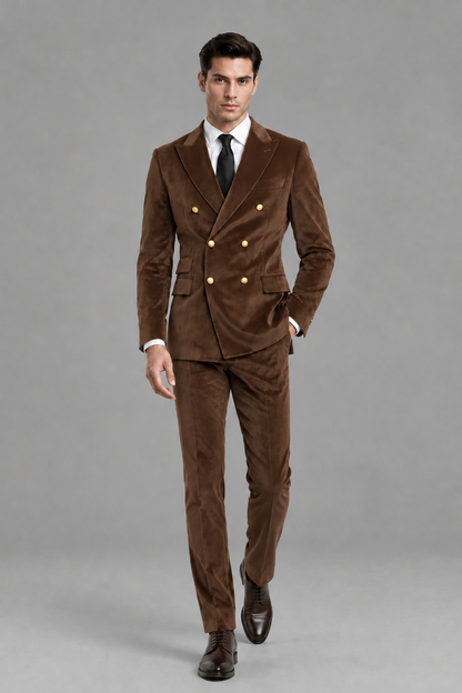 Savile Men's Brown Velvet Double-Breasted 2-Piece Suit Set | Peak Lapel Blazer & Trousers - Brown
