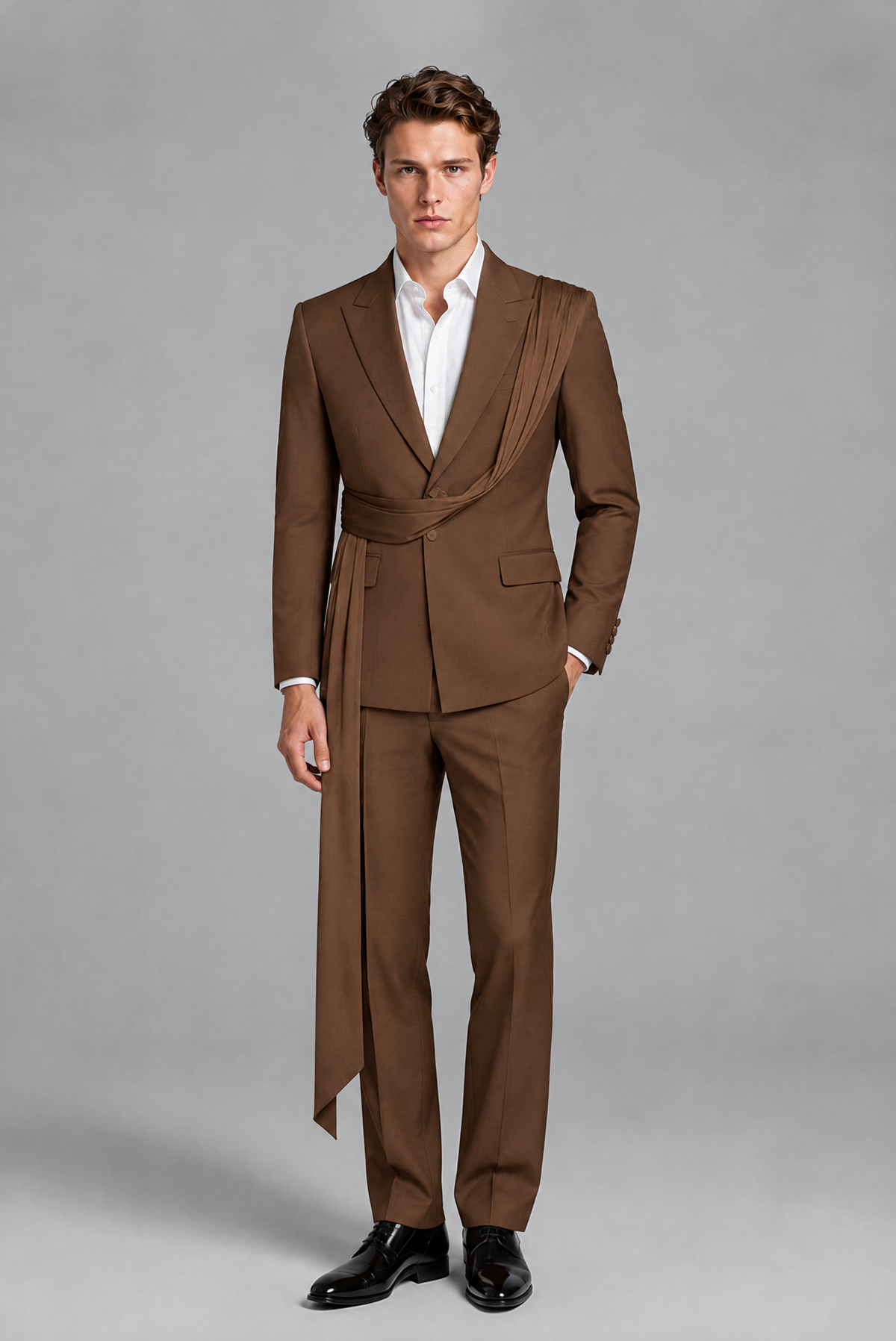 Men's Brown Draped Sash Suit – Peak Lapel 2-Piece Slim Fit Party, Gala & Wedding Set - Brown